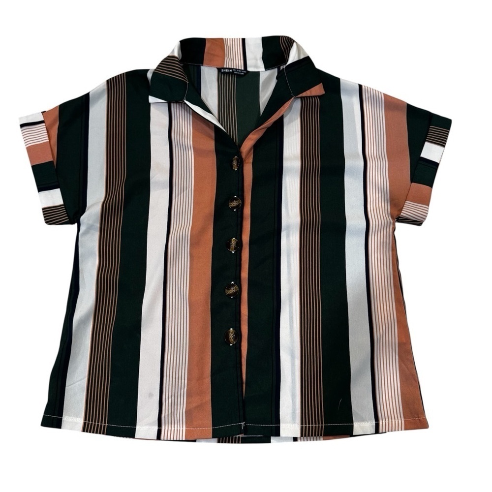 Shein multi-colored striped button up short sleeved blouse, green tan beige, L.